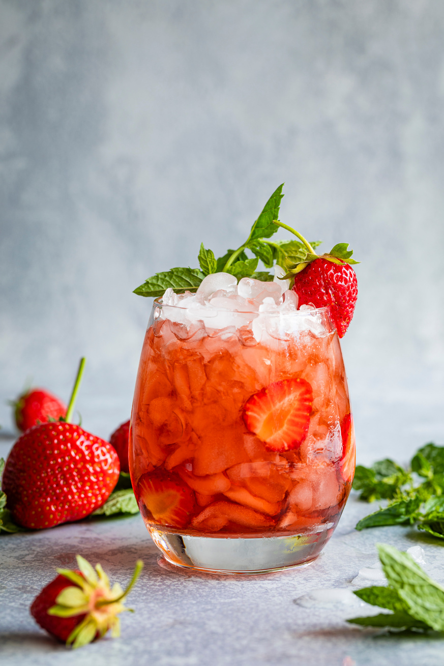 Strawberry mojito. Mocktail or coctail with strawberries and mint leafs.